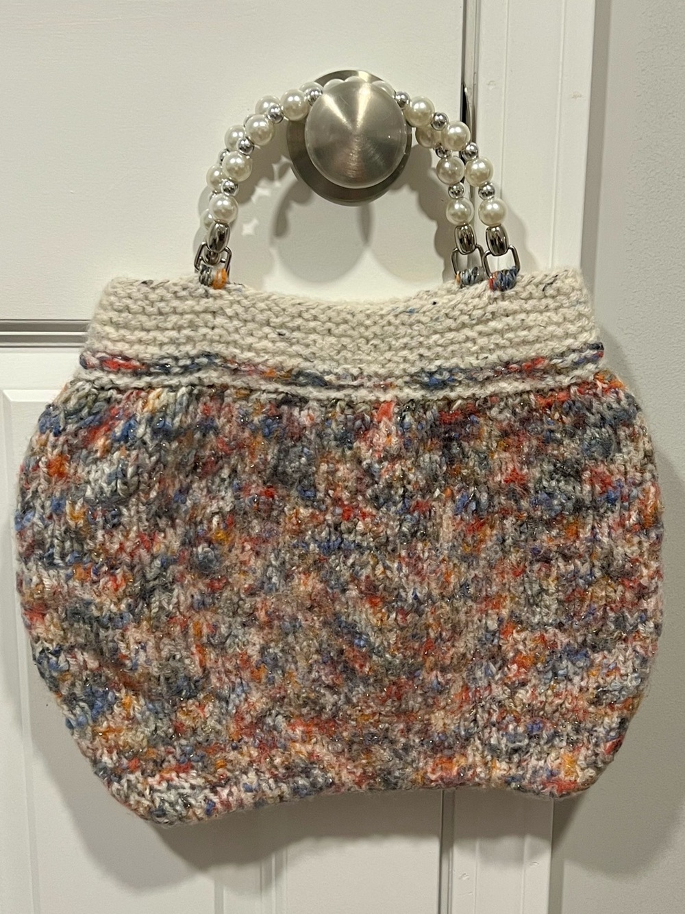 Knitted Multicolor Handbag with Faux Pearl and Silver Beaded Handle